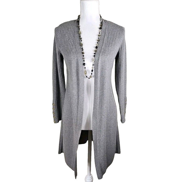 Talbots~Woman Size SPetite~Gray Long Line Open Front Knit Cardigan Cotton Blend. - Picture 5 of 11